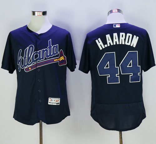 Braves #44 Hank Aaron Navy Blue Flexbase Authentic Collection Stitched MLB Jersey - Click Image to Close